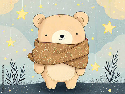 Cute Bear with Scarf in Starry Night