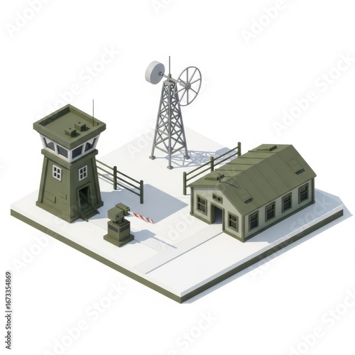 3D Isometric Military Outpost Icon with Guard Tower, Barracks, Antenna, and Security Gate on Minimal Platform