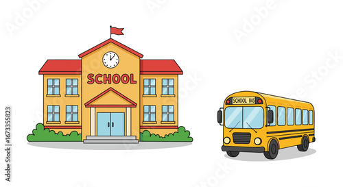 A school building and a yellow school bus on a plain background