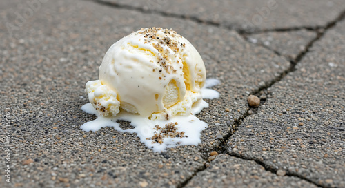 A single scoop of vanilla ice cream dropped and melting on the cracked concrete pavement outdoors