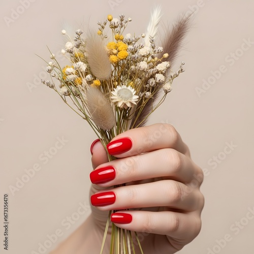 Elegant hand with vibrant red nails holding a delicate dried flower bouquet