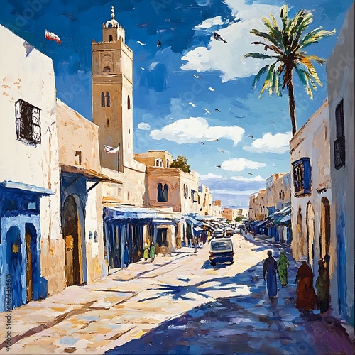 Historic moroccan alley decorated with colorful blue islamic mosaic image