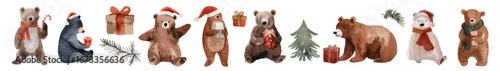 Cute Christmas watercolor bears with gifts, candy cane, Santa hats, fir tree, pine branches, holiday decorations, winter clipart, festive animals. Collection of Vector illustrations. Perfect for invit