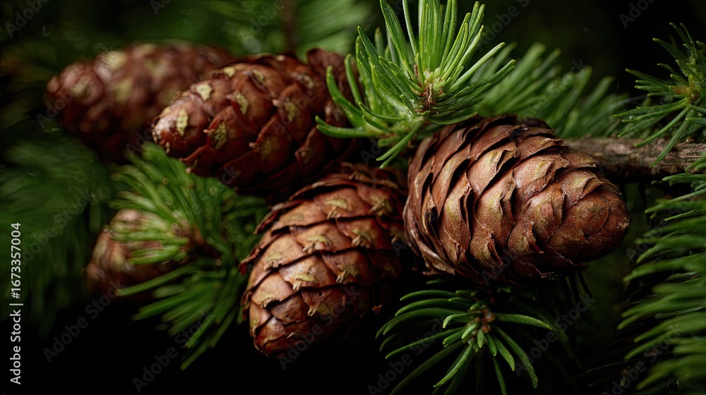 Fototapeta premium Close-up view of a cluster of pine cones and evergreen foliage.