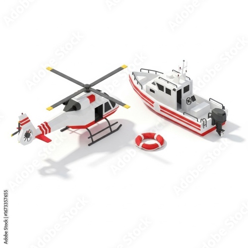 3D isometric illustration of rescue helicopter, patrol boat, and lifebuoy representing emergency response, maritime safety, and coast guard operation in modern design.