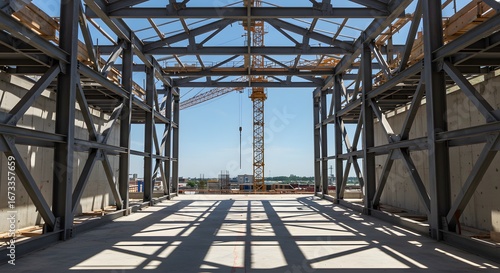 Wallpaper Mural Steel Structure with Yellow Crane at Construction Site Under Blue Sky Torontodigital.ca