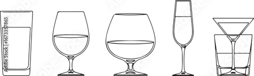 Line art drawing of different alcohol glasses vector illustration