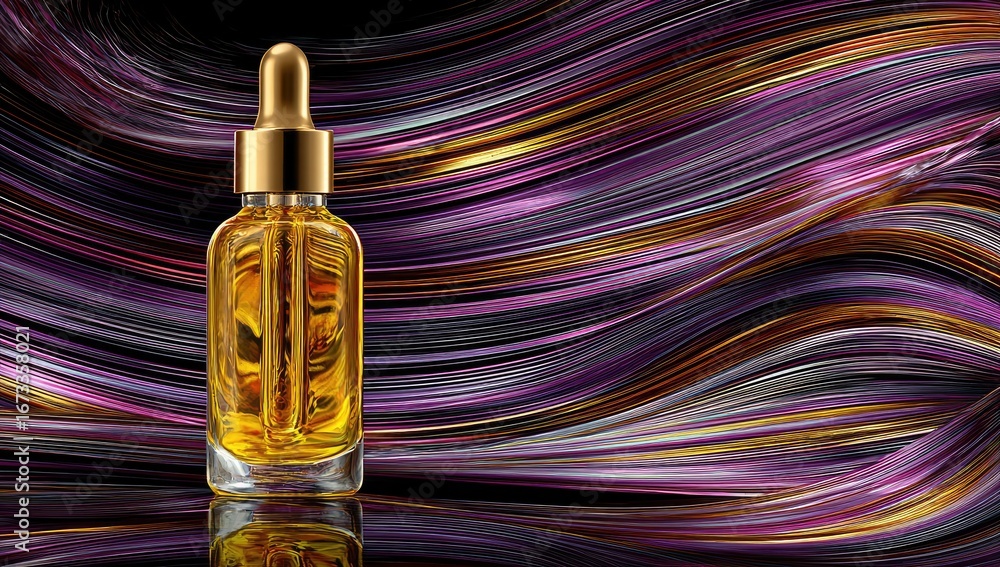 Naklejka premium Golden serum dropper bottle on abstract wavy background