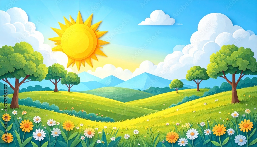 Fototapeta premium A vibrant summer landscape with green grass, blooming flowers, and a blue sky full of soft clouds