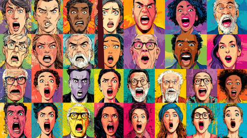 Pop art illustration of expressive faces in bold vibrant colors. Perfect for contemporary posters, comic-style artwork, psychology themes, and modern cultural design.