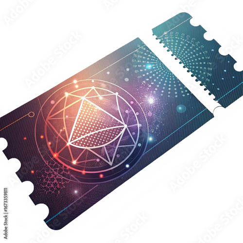 Unlock cosmic secrets with this vibrant geometric ticket design featuring celestial patterns and mystical energy