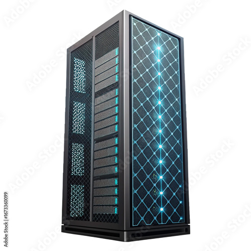 Modern data server rack glowing with vibrant blue network lights, symbolizing digital connectivity and advanced technology solutions.