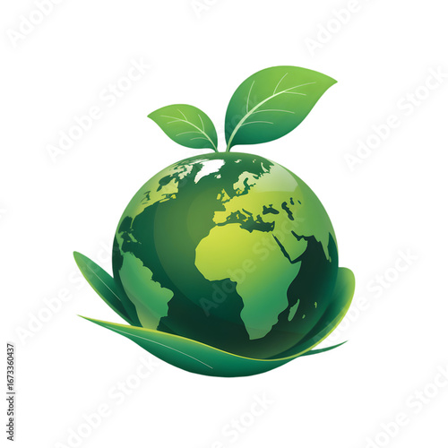Green earth globe with leaves isolated on transparent background, symbolizing environmental awareness