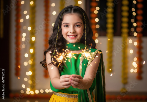 Indian little girl holding firecrackers
