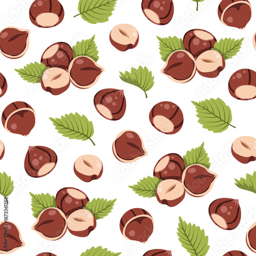 Hazelnuts with Leaves Seamless Pattern Flat Vector. Forest Nut Texture for Food Packaging, Cafe Branding, Menu Design. Repeat Background for Wallpaper, Textile, Wrapping Paper. Natural Autumn Style