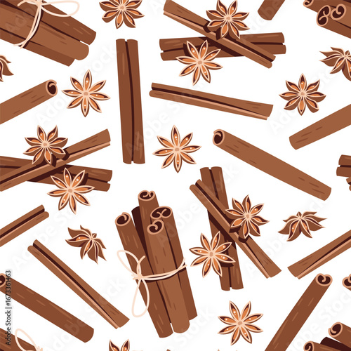 Cinnamon and Star Anise Seamless Pattern Flat Vector. Cozy Spice Background for Cafe Branding, Food Packaging, Seasonal Product. Endless Texture for Textile, Wallpaper, Wrapping Paper. Autumn Design