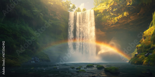 Waterfall and pool with rainbow in golden sunlight
