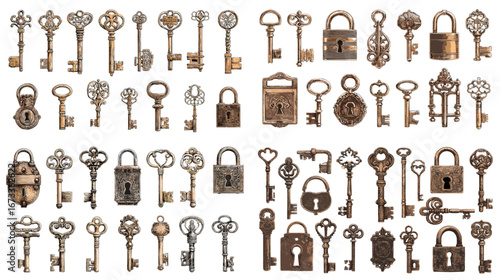 Collection of antique keys and padlocks in vintage style. Perfect for retro design, security themes, mystery artwork, escape room graphics, and decorative projects.