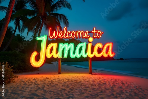 Welcome to Jamaica – glowing reggae-colored sign on Montego Bay beaches with palm trees, ultra HD realism.
