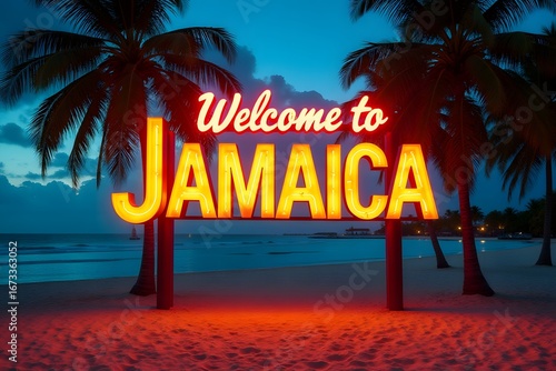 Welcome to Jamaica – glowing reggae-colored sign on Montego Bay beaches with palm trees, ultra HD realism.
