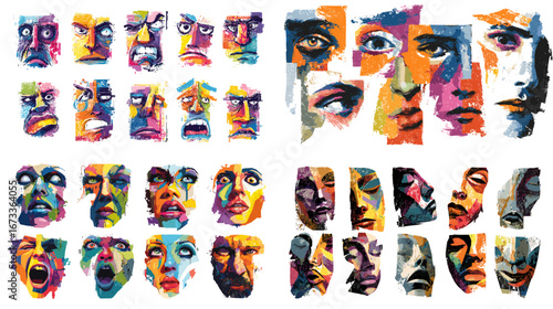 Abstract colorful faces illustration with bold brush strokes and expressive emotions. Perfect for modern art, psychology themes, and contemporary creative design.