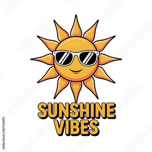 Cartoon sun with sunglasses and sunshine vibes text isolated on transparent background