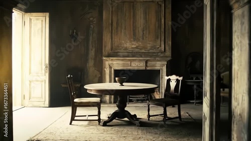 Wallpaper Mural Gloomy Haunted House Interior A Vintage Room with a Fireplace and Dining Table Torontodigital.ca