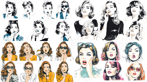 Retro-inspired women portraits illustration in bold and stylish designs. Perfect for fashion magazines, vintage posters, contemporary art, and character design.