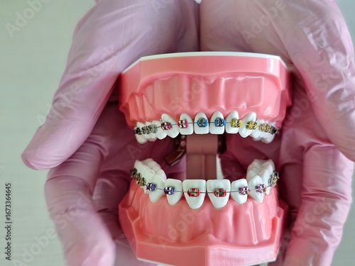 Hands hold dental model displaying braces and orthodontic treatment
