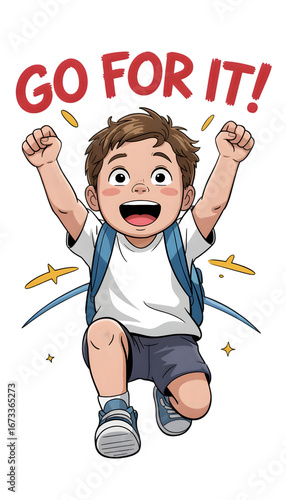 Enthusiastic boy with backpack isolated on transparent background achieving success and celebrating victory
