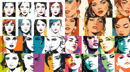 Stylish pop art illustration set of women faces with bold colors and modern fashion aesthetics. Perfect for posters, magazines, design, and contemporary artwork.