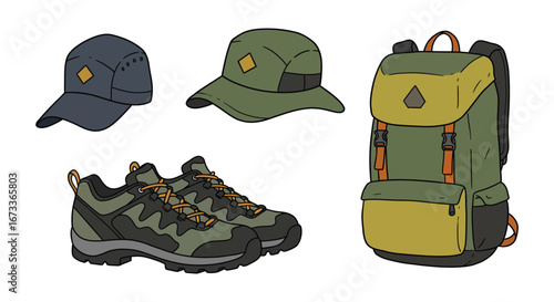 Hiking gear including backpack shoes and baseball caps