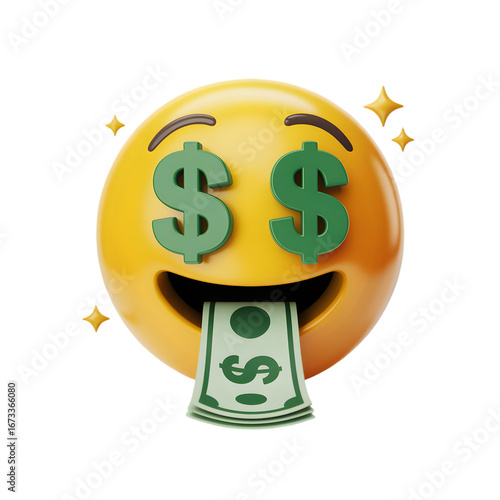 Emoji with dollar sign eyes and money coming out of its mouth isolated on transparent background