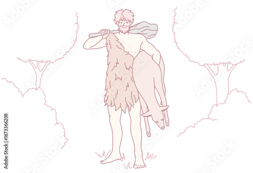 A proud caveman with a heavy club and animal prey, in simple attire, set in a lush forest, evokes ancient times