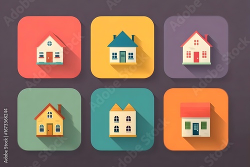 A colorful house in a red square.