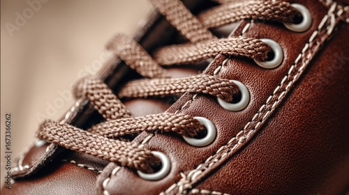 Close-up view of brown leather shoe laces and eyelets.