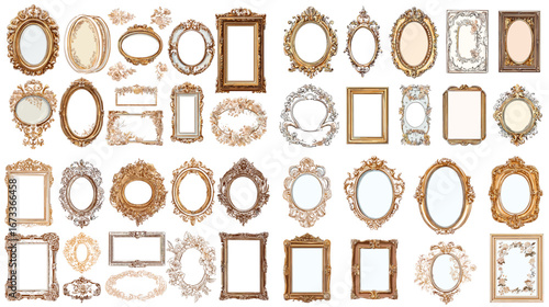 Elegant collection of vintage gold and ornate frames in oval and rectangular shapes. Perfect for classic art, photography, interior design, and decorative projects.