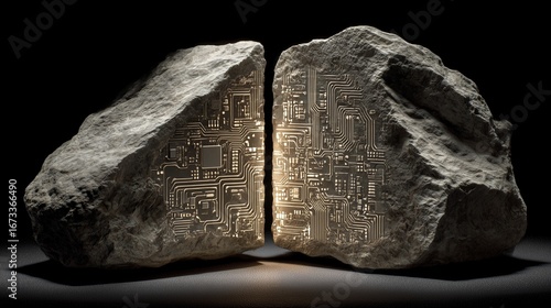 Fossilized circuit board imprint revealed in a split rock, with intricate chips and pathways
