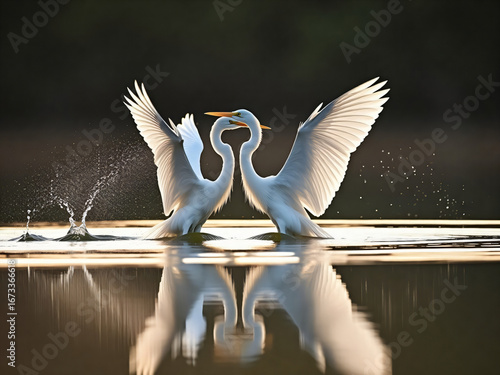 Two Egrets Dancing in Water