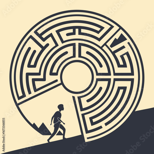 Vector art of person entering a complex maze puzzle illustration