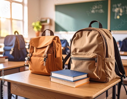 Backpacks and Books on Classroom Desks, Education Theme