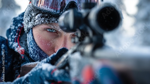 Biathlete aiming rifle in a snowy forest in Norway