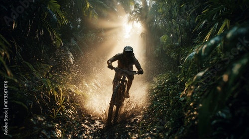 Hyper-realistic photograph of a mountain biker racing through a muddy jungle trail in the Amazon rainforest