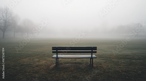 Minimalist lone bench in a foggy, empty park