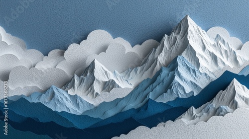 3D layered paper artwork of a snow-covered mountain range with blue shadows and stylized snow clouds