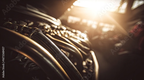 Close-up view of intricate engine components.