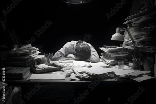 A weary worker sinks into paperwork like a hamster on a wheel amid dim studio gloom.