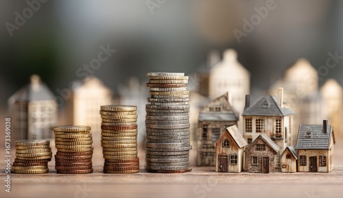 Stacks of coins rise next to miniature, dilapidated houses