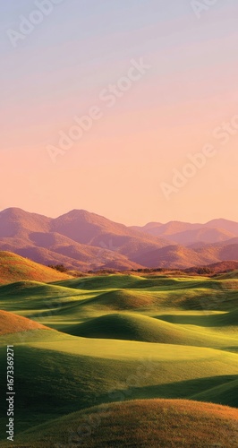 Blurry, vibrant golf course at dawn, hills, mountains