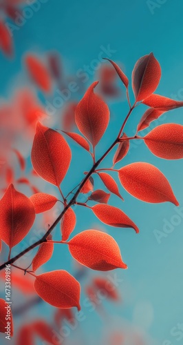 Vibrant crimson leaves on a branch against a soft blue sky
